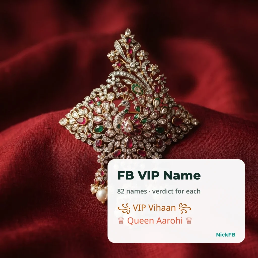 FB VIP name ideas with crowns and frames, each with a Facebook verdict