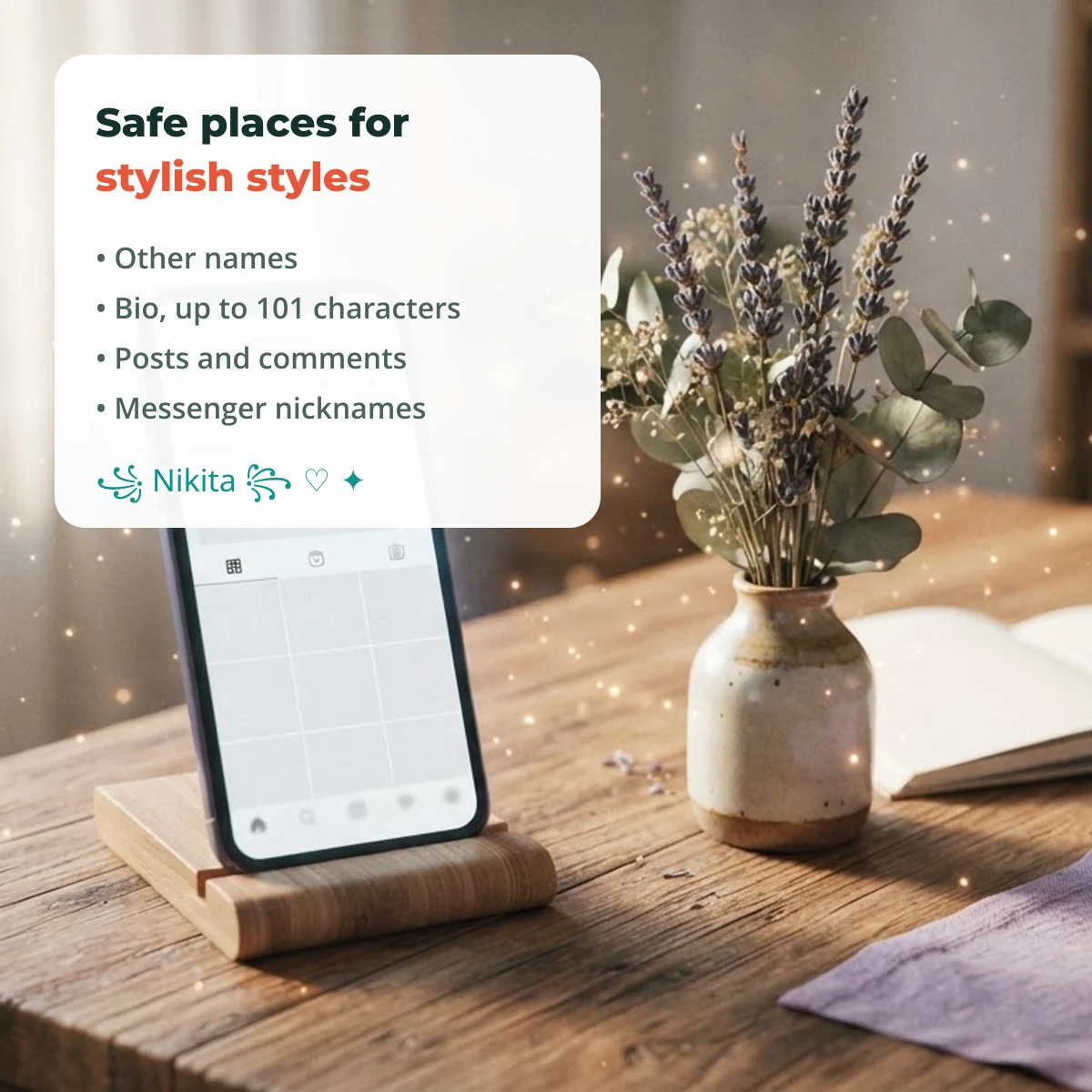 Safe places on Facebook for stylish names: Other names, bio, posts and chats